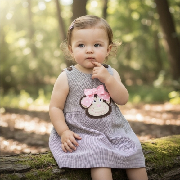 Castles & Crowns ✦ Monkey Applique Dress ✦ Brown Gingham Pink Bow Size 5T NWOT - Picture 12 of 14